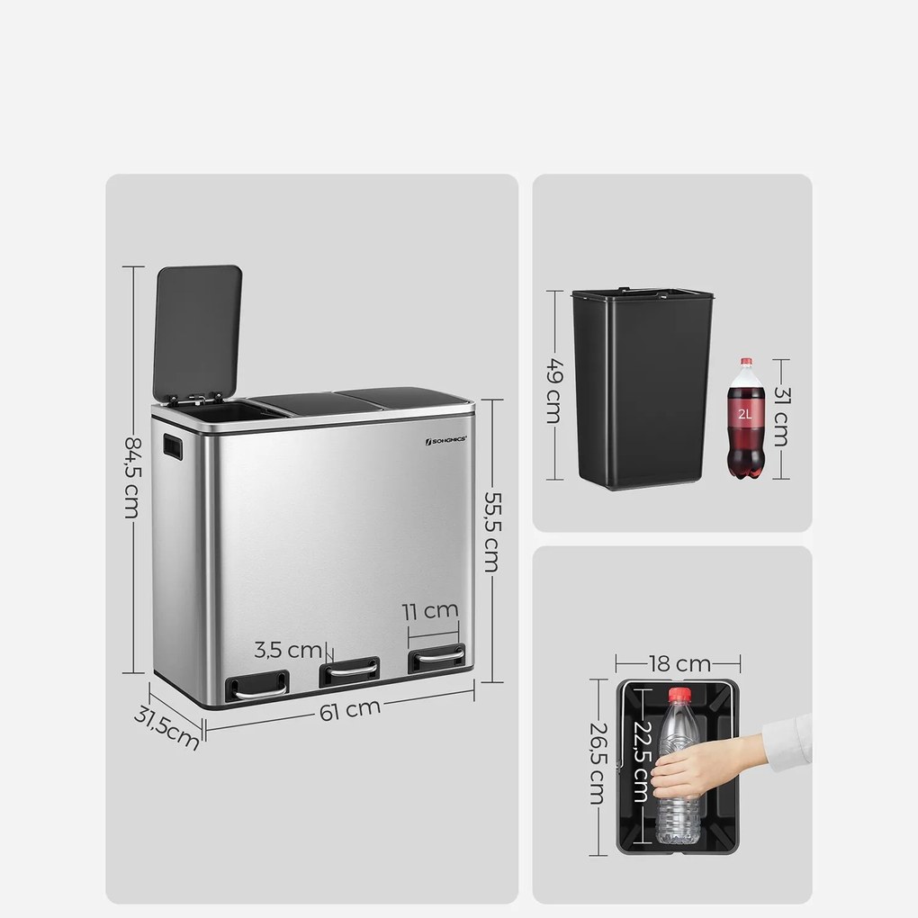 Kosz do segregacji odpadów SORT 54 l (3x18 l), srebrna SongmicsHome