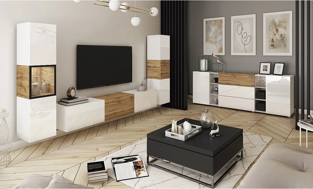 Nowoczesna meblościanka zestaw wisząco-stojący z szafką RTV 180 cm, witryną i słupkiem, korpus dąb wotan, fronty biały połysk