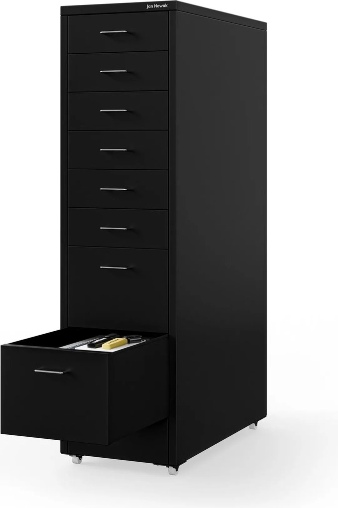 Szafka kartotekowa na kółkach, metalowa, 8 szuflad, na dokumenty, czarna, 300x1100x600 mm: SARA V8