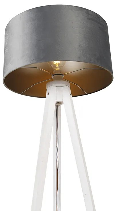 Nowoczesna lampa podłogowa trójnóg biała z szarym abażurem z weluru 50 cm - Tripod Classic Nowoczesny Oswietlenie wewnetrzne