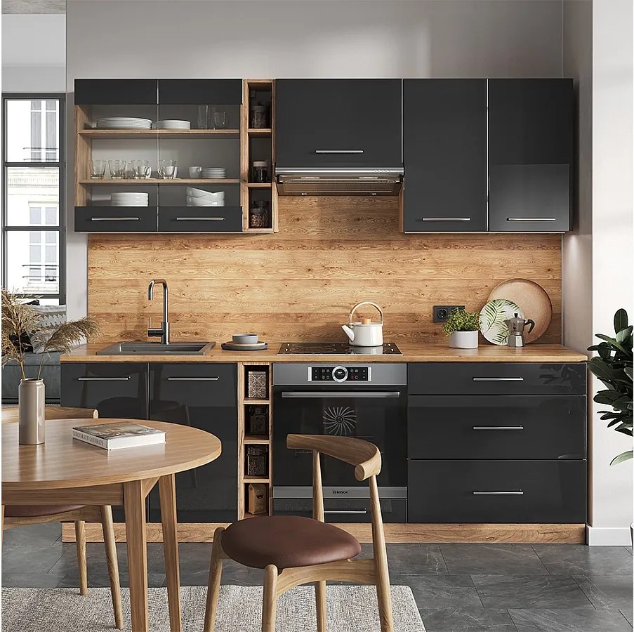 Aneks kuchenny antracytowy wysoki połysk/złoty dąb power 235x46x81.6 fame-line