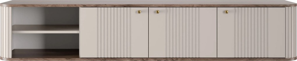 Szafka RTV wisząca Vesper 187 cm trzydrzwiowa - kaszmir / orzech / złote uchwyty