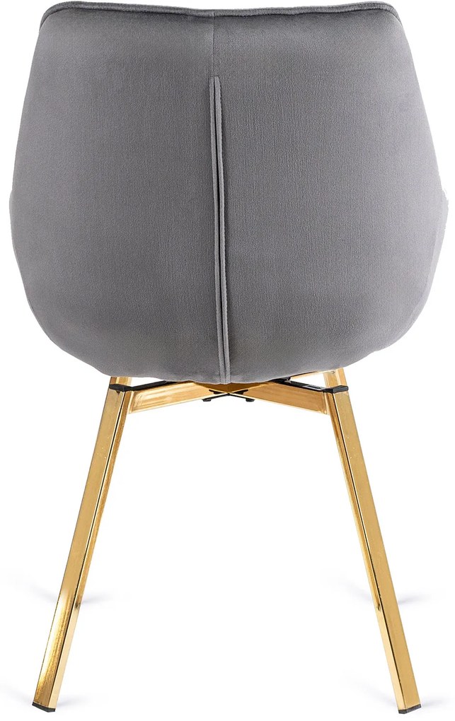 Zestaw Stół Okrągły Szklany SALLO 100 cm ze Złotymi Nogami i 4 Krzesła Tapicerowane Obrotowe do Salonu MIA Szare Welurowe