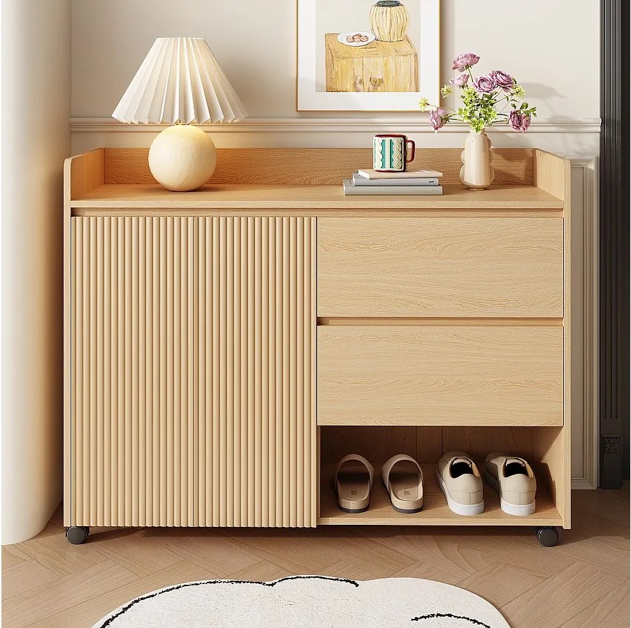 Mobilna szafka na buty w kolorze naturalnym z kółkami, 2 drzwiami i 2 szufladami