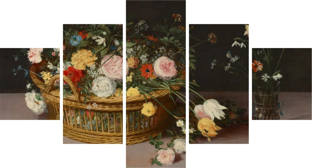 Obraz - Jan Brueghel the Elder, Flowers in a Basket and a Vase, reprodukcje (125x70 cm)
