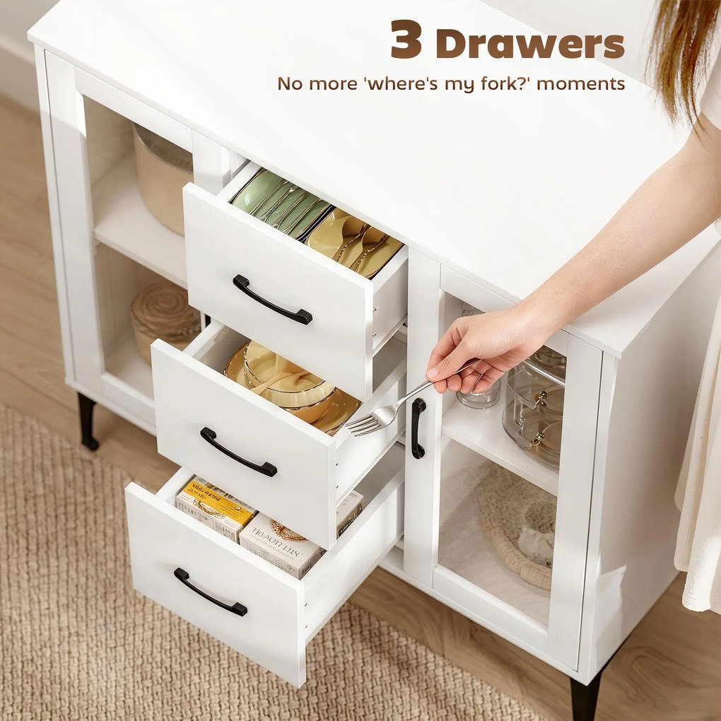 HOMCOM Nowoczesny sideboard z drzwiami z cichym domykaniem, kredens z 3 szufladami i 2 drzwiami ze szkła, regulowane półki, MDF, biały