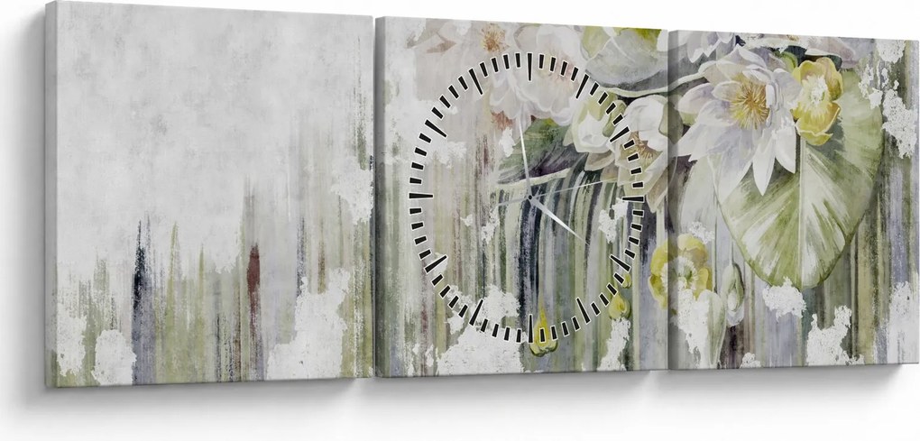 Obraz - Białe kwiaty, vintage (z zegarem) (90x30 cm)