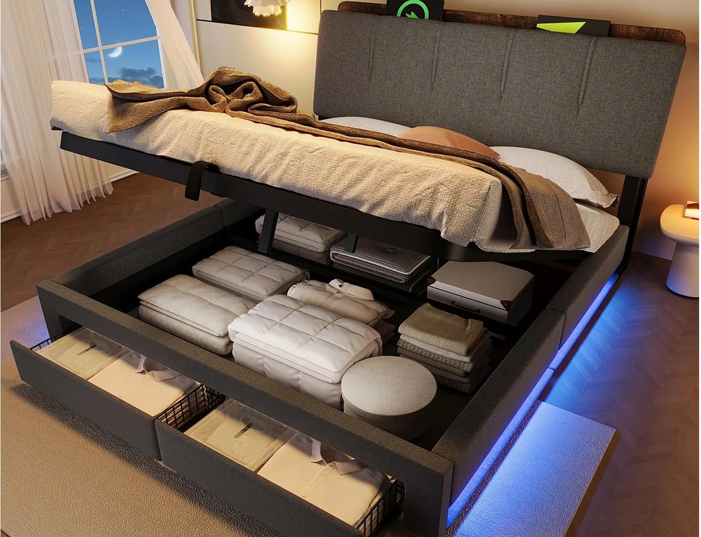Tapicerowane łóżko z pojemnikiem 140x200 cm - z portem USB Type-C - z oświetleniem LED - len - szary​ (materac nie jest wliczony w cenę)