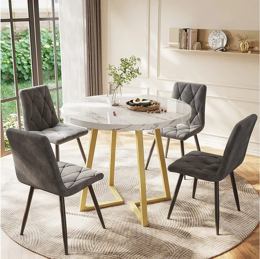 Stół jadalny - 80 x 80 x 75 cm, okrągły metalowy stół z nowoczesnym wzorem marmuru, biały/złoty