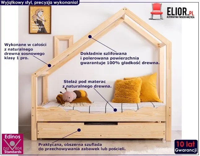 Drewniane łóżko dziecięce domek z szufladą Z7-L95