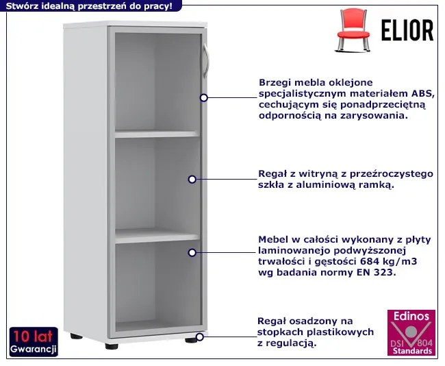 Biały niski regał biurowy z witryną Mepo