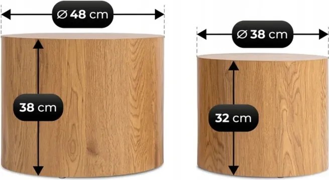 Zestaw Stolików Kawowych LEILA 38 cm/48 cm Dąb Naturalny Skandynawski Loft