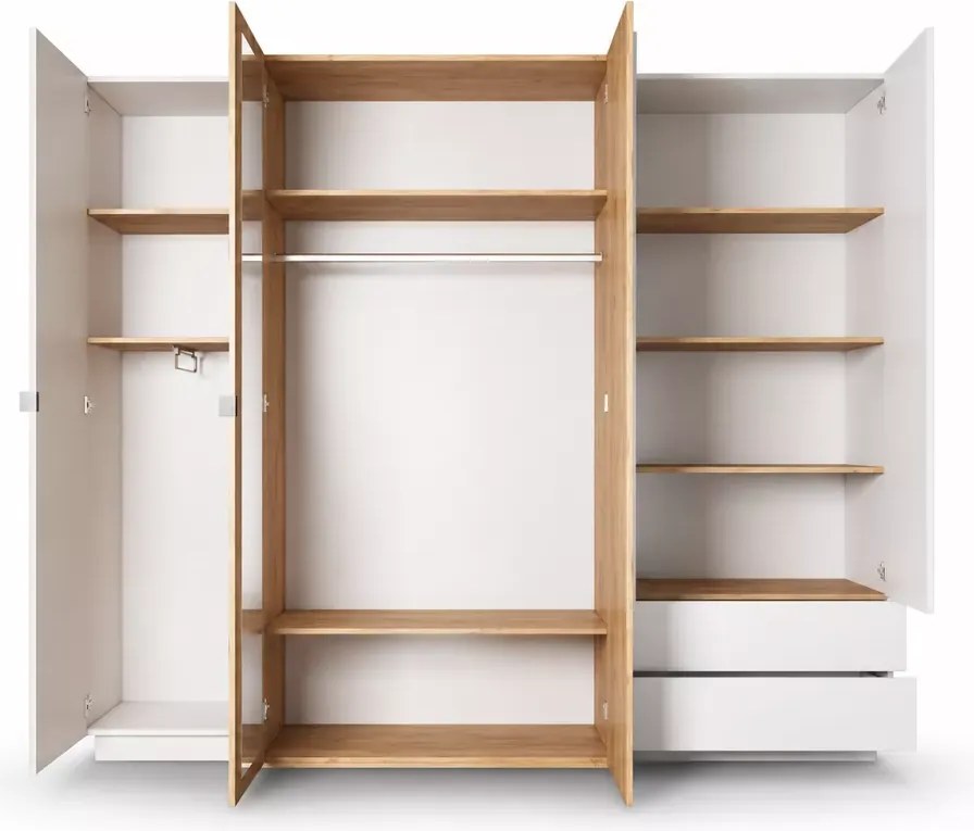 Szafa Volio 230 cm – nowoczesna szafa uchylna z lustrem, 5-drzwiowa z 2 szufladami – biały mat / dąb craft złoty