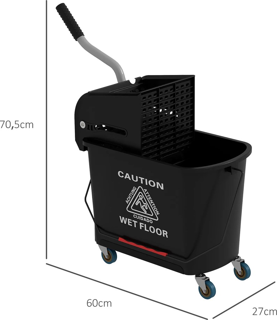 HOMCOM 20L Wiadro z wyciskaczem i uchwytem na kółkach do mopa, Tworzywo sztuczne, Czarne