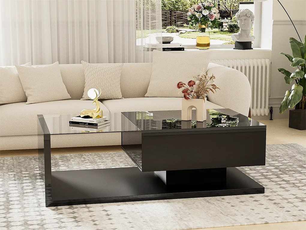 Stolik kawowy z LED - ze szkła i płyt wiórowych - Czarny