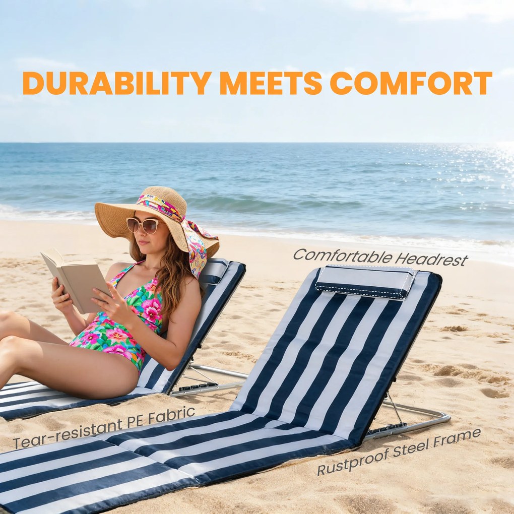 Outsunny Składany leżak plażowy z poduszką, 5-stopniowe oparcie, torba, niebieski | Aosom PL