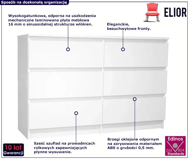 Biała komoda z 6 szufladami 100 cm - Daxa 3X