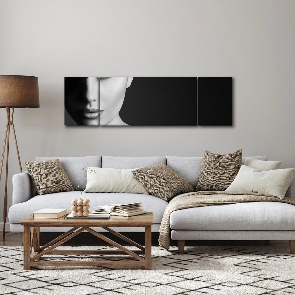 Obraz - Czarno - biały portret kobiety w kapeluszu (170x50 cm)