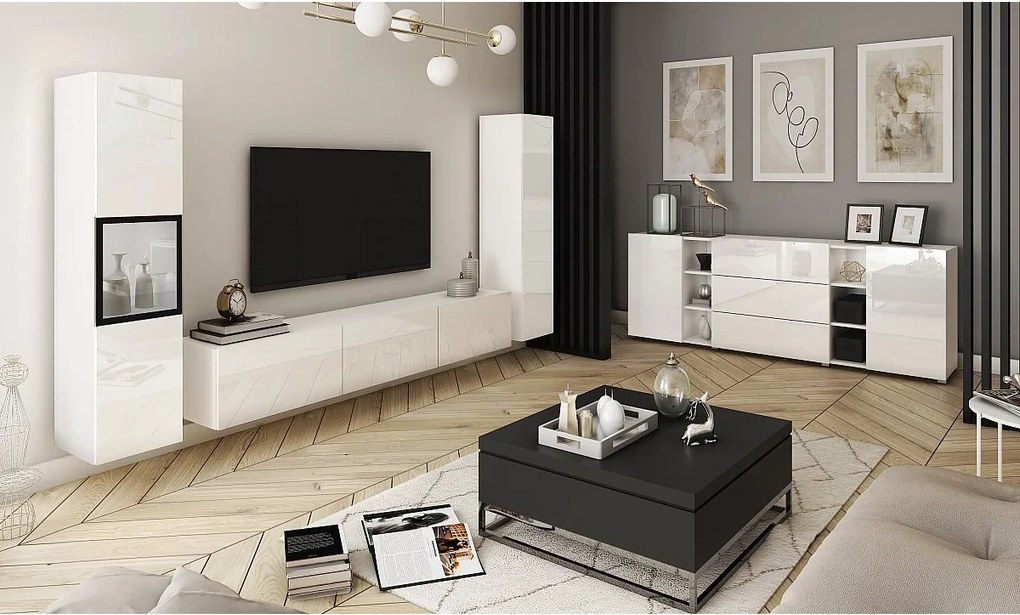 Nowoczesna meblościanka z oświetleniem LED, zestaw wisząco-stojący 3-elementowy z szafką RTV 180 cm, witryną i słupkiem, korpus biały mat, fronty biały połysk