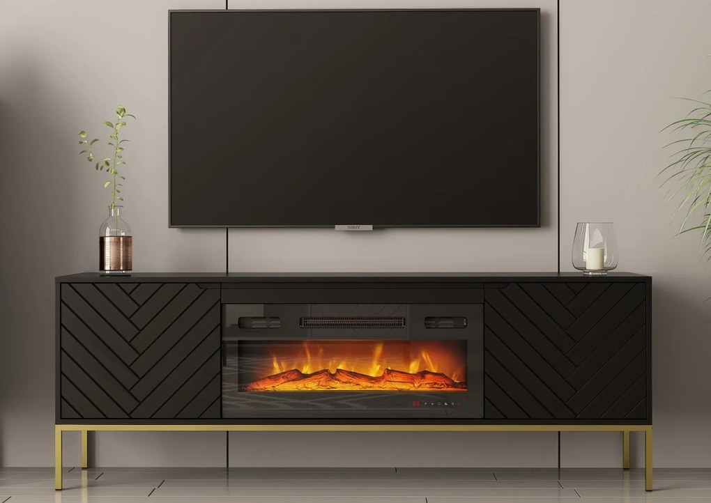 Szafka RTV z kominkiem Aspen 02 czarny/złoty 180 cm