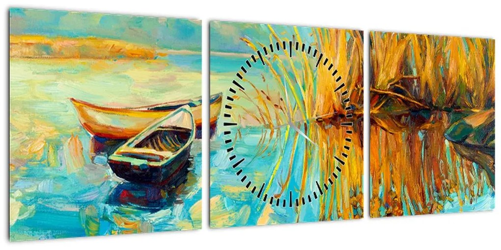 Obraz - Jezioro z łodziami (z zegarem) (90x30 cm)
