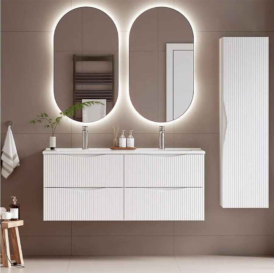 Biały Zestaw do Łazienki 120cm Szafka z Umywalką Słupek Ryflowane Fronty Cleo