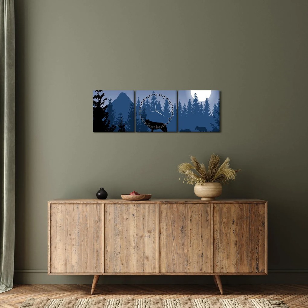 Obraz - Wataha wilków pod księżycem w pełni (z zegarem) (90x30 cm)