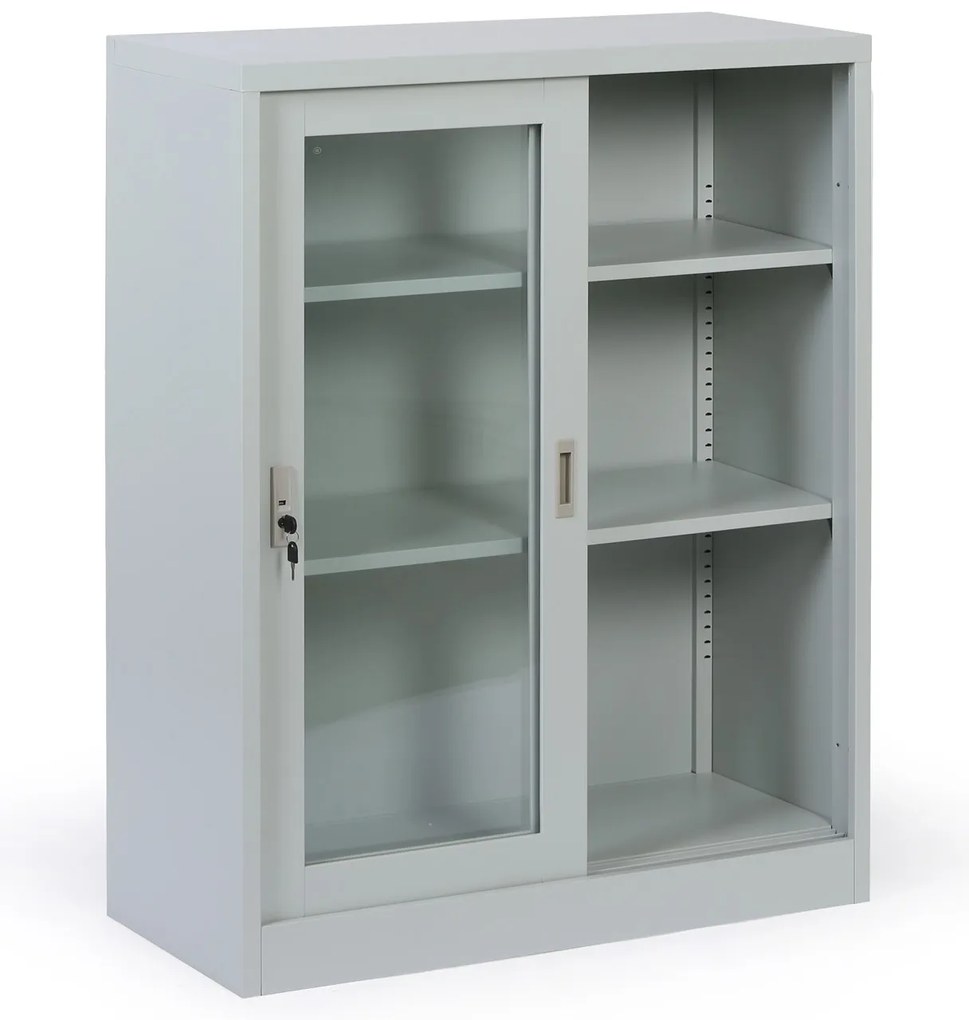 Metalowa szafka z półkami i szklanymi przesuwanymi drzwiami, zdemontowana, 900 x 1150 x 400 mm