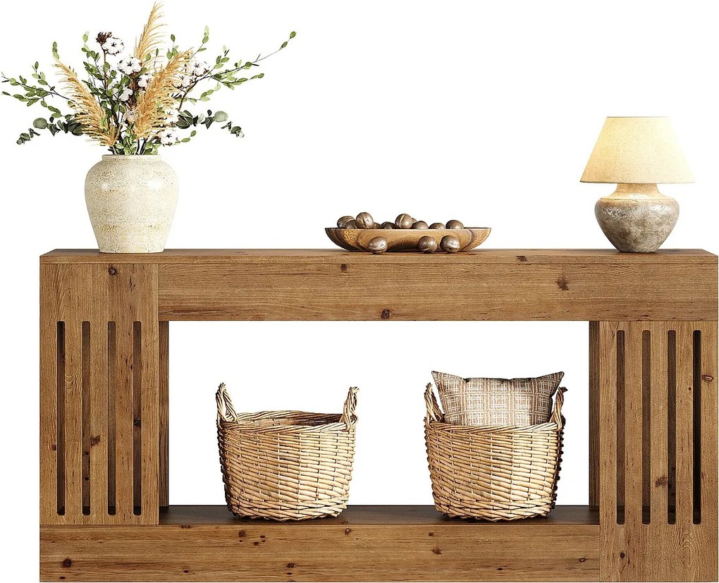 Stolik kawowy z litego drewna 160 cm, konsola w stylu rustykalnym za kanapą z nogami w pionowe paski, 2-poziomowy