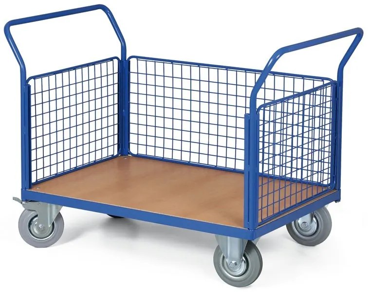 Wózek platformowy - 3 burty z siatki, 1000 x 700 mm, nośność 300 kg, koła 160 mm z czarną gumą