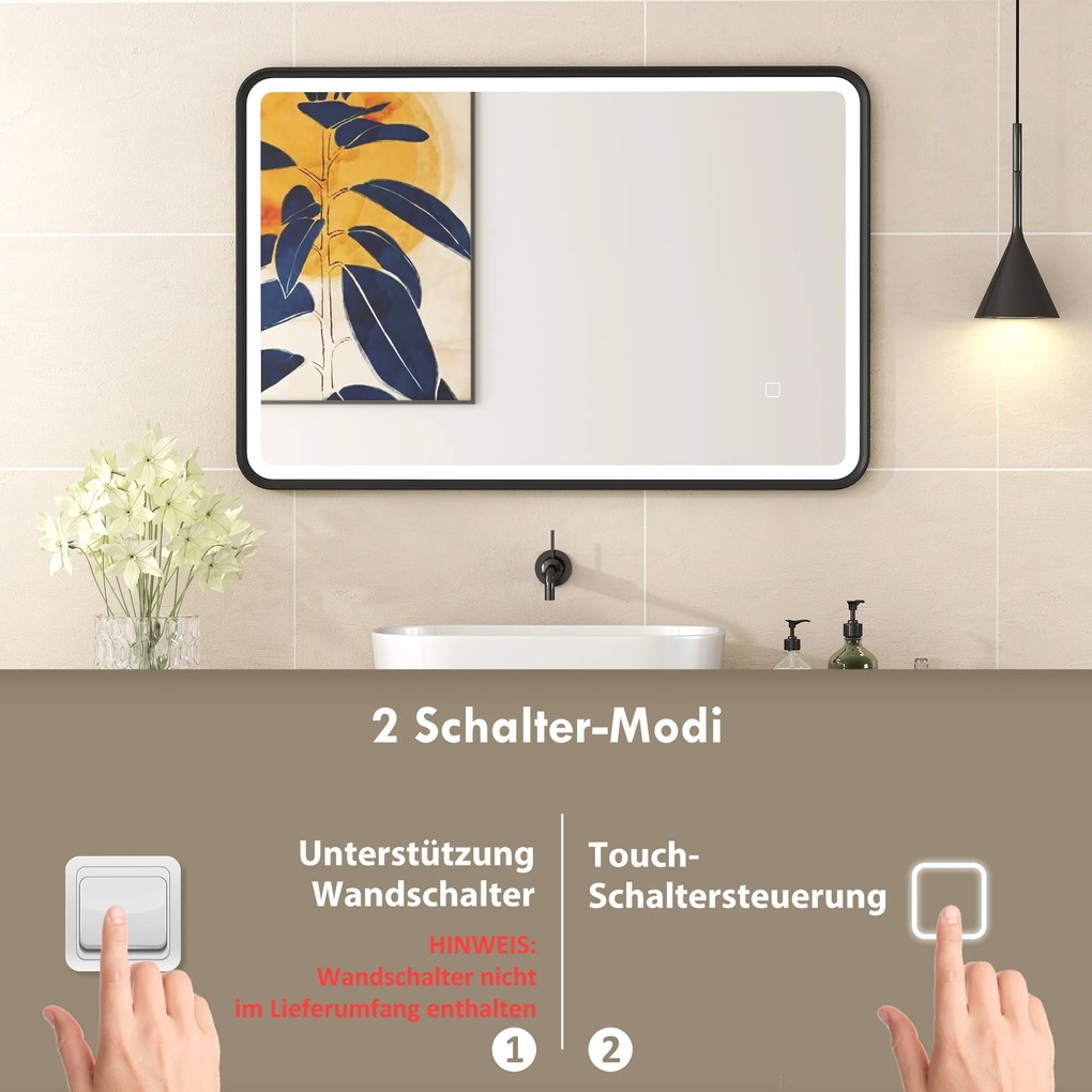 HOMCOM 90 x 60 cm lustro łazienkowe LED, światła, 3 kolory, ściemnialne, funkcja pamięci, poziomo i pionowo, czarne