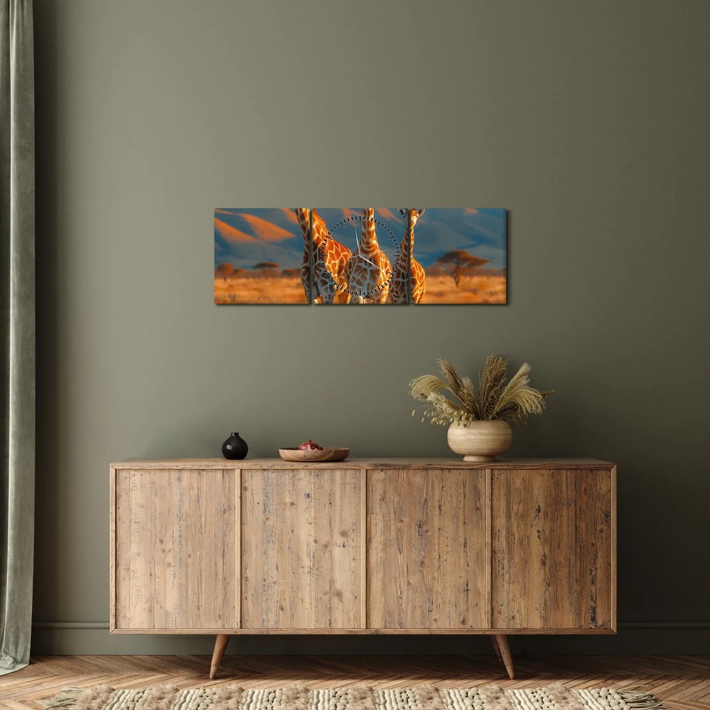 Obraz - Żyrafy na pastwisku (z zegarem) (90x30 cm)