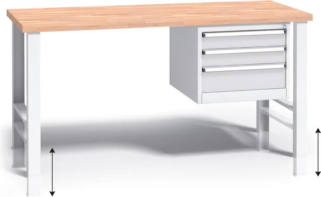 Stół warsztatowy z regulacją wysokości G3, 1500 x 685 x 840-1050 mm, 1x 3 szufladowy kontener, szary