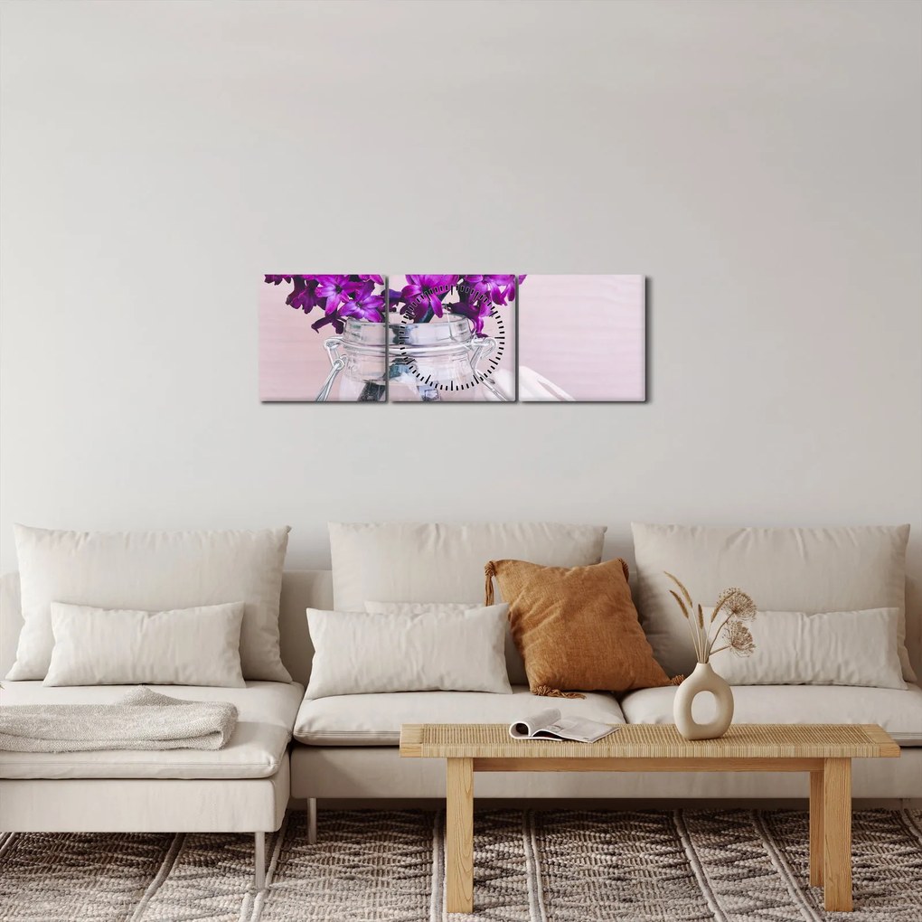 Obraz fioletowych kwiatów (z zegarem) (90x30 cm)