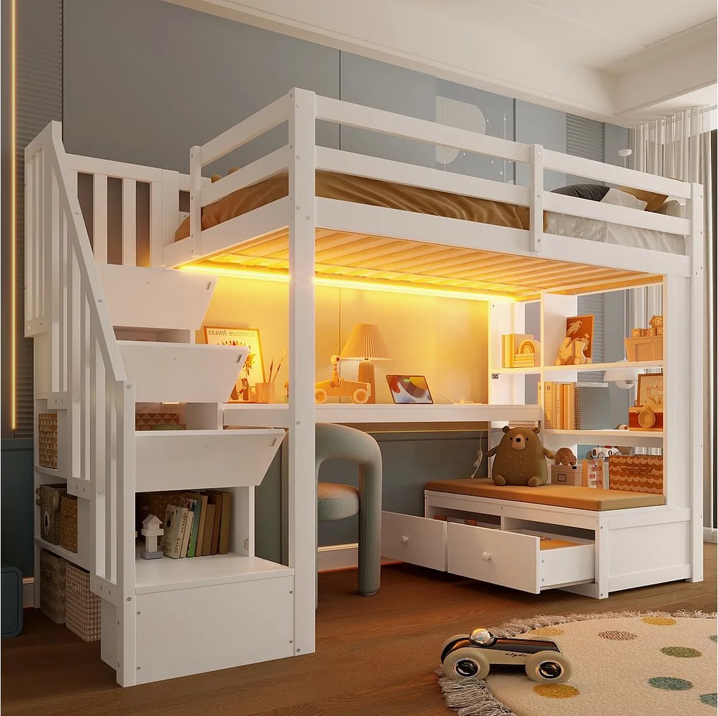 Łóżko piętrowe dla dzieci - 90 x 200 cm - z biurkiem + półkami + 2 szufladami + drabinką - MDF + drewno - białe