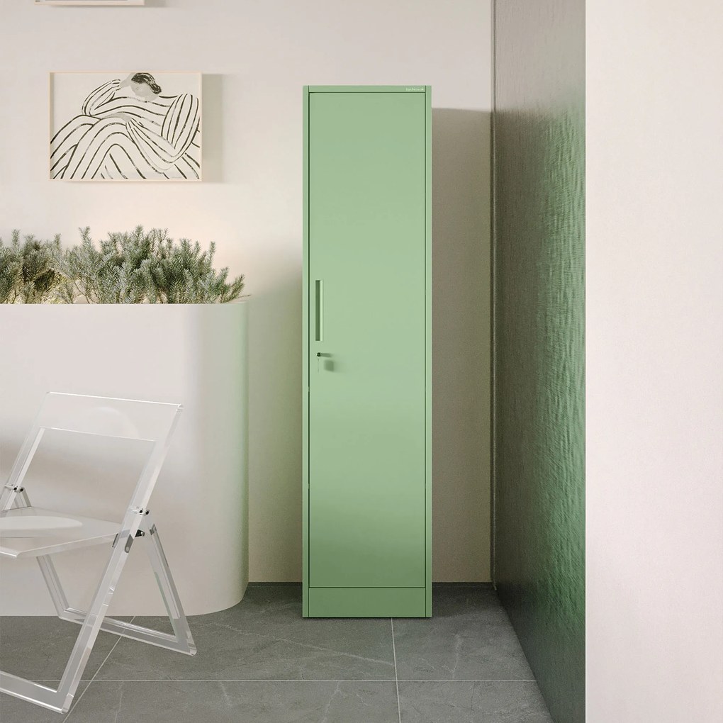 Szafa biurowa metalowa na akta, wąska, pastelowy zielony, 450x1850x400 mm: ALEX Fresh Style