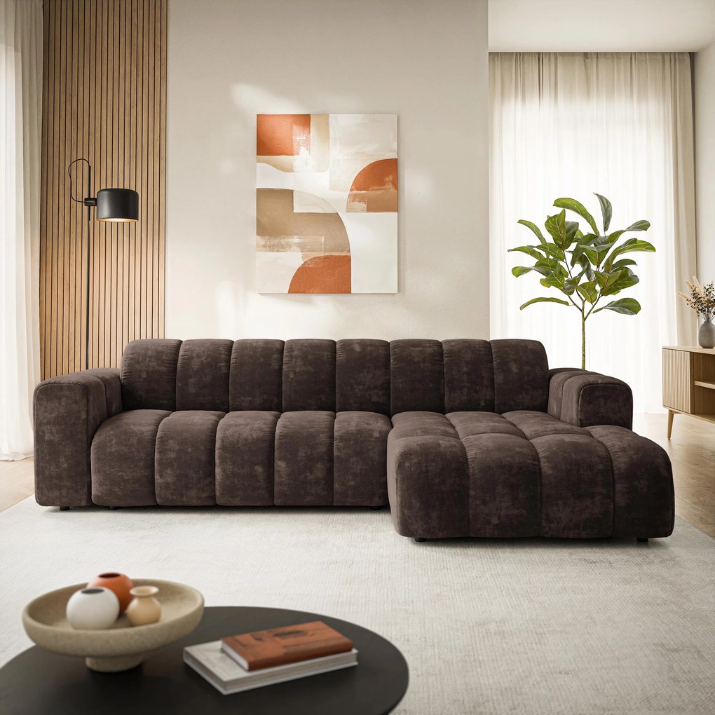 Masseno Narożnik SETIA Prawostronny, L-Kształtny, Nowoczesna Sofa narożna, Tkanina Szenilowa - Brązowy, LUMO 40