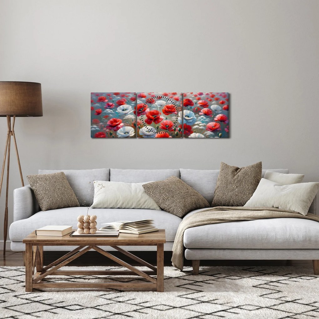 Obraz - Pole maków (z zegarem) (90x30 cm)