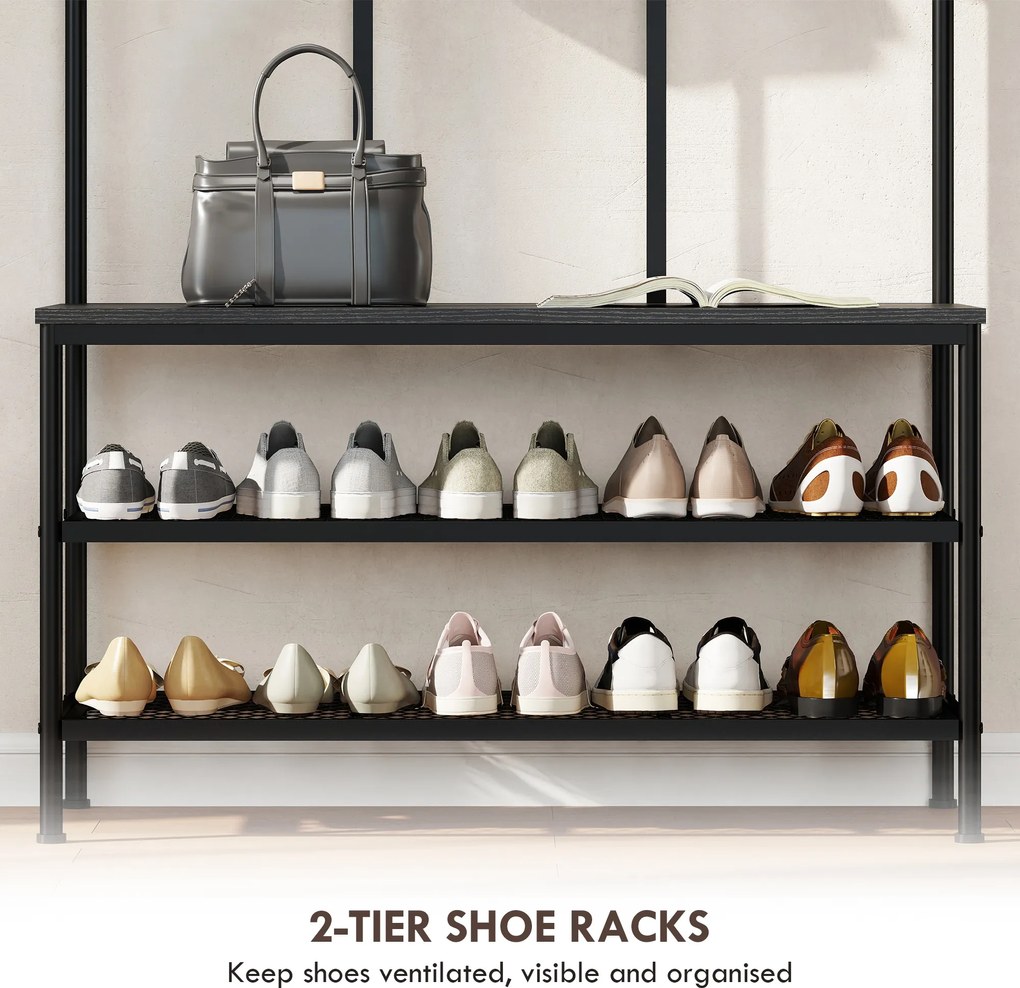 HOMCOM 3-w-1 Wieszak, haki na odzież, ławka, regał na buty, metal, płyta wiórowa, Czarny