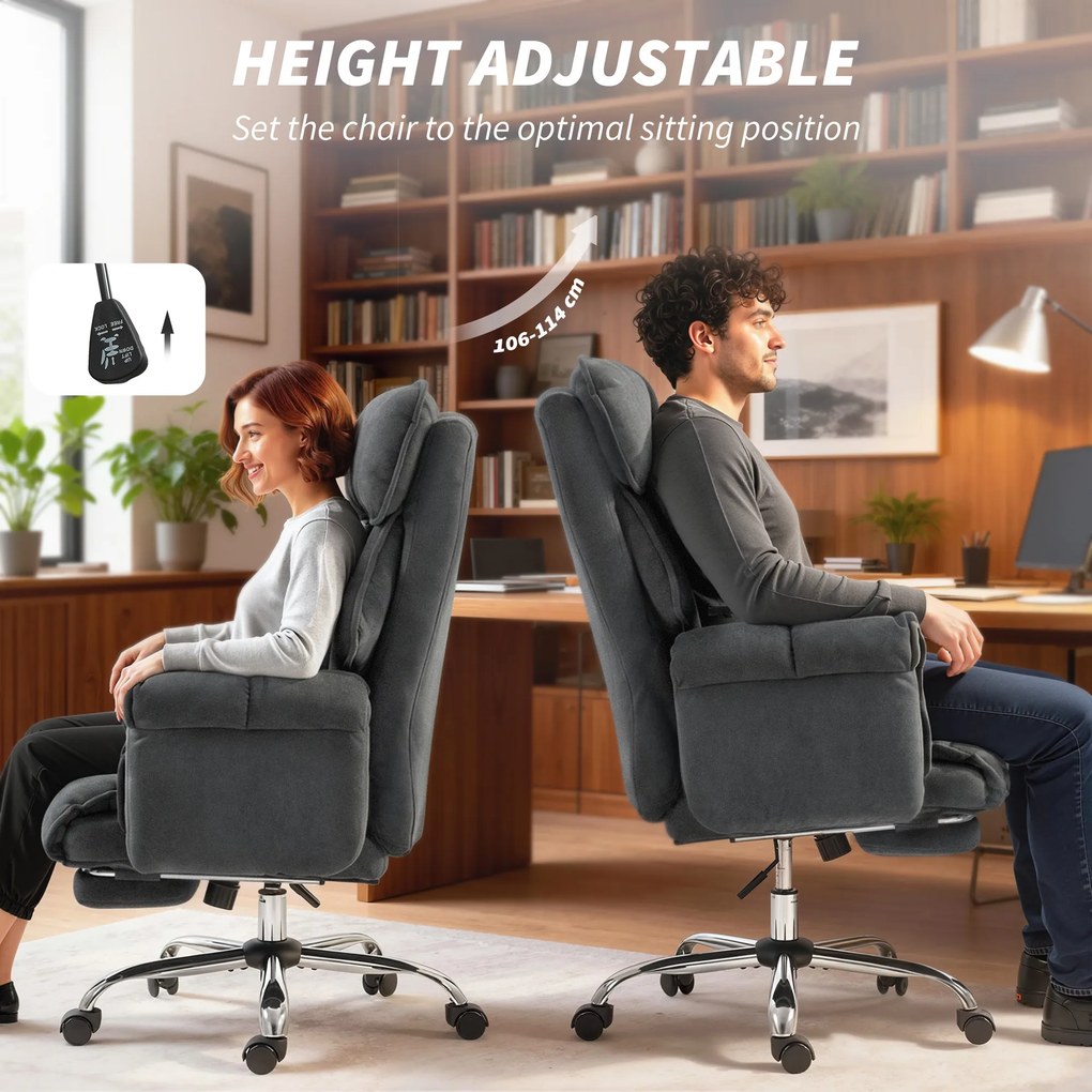 HOMCOM Fotel biurowy regulowany obrotowy z podparciem lędźwiowym, podnóżkiem, flanelą śnieżną, 80 x 80 x 106-114 cm, ciemnoszary | Aosom PL