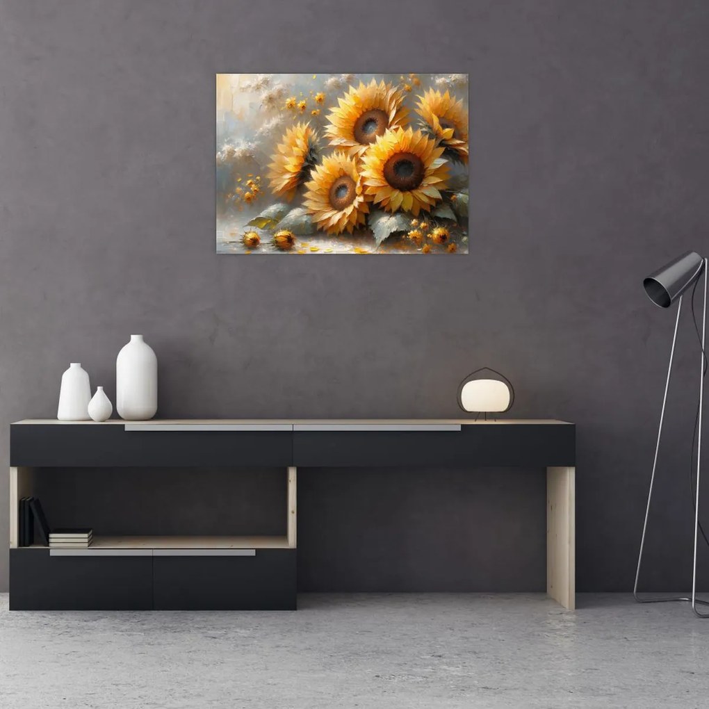 Obraz na szkle - Malowanie słoneczników (70x50 cm)