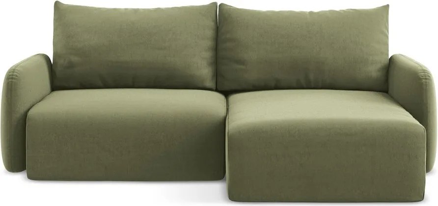 Zielony aksamitny rozkładany narożnik ze schowkiem (prawostronny/z szezlongiem) Kalena – Makamii