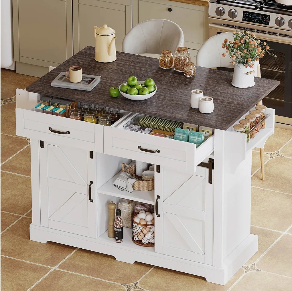 Wyspa kuchenna na kółkach - 120 x 45/70 x 91 cm - z blatem składanym + 2 drzwi przesuwnych + 2 szuflady - MDF - biała