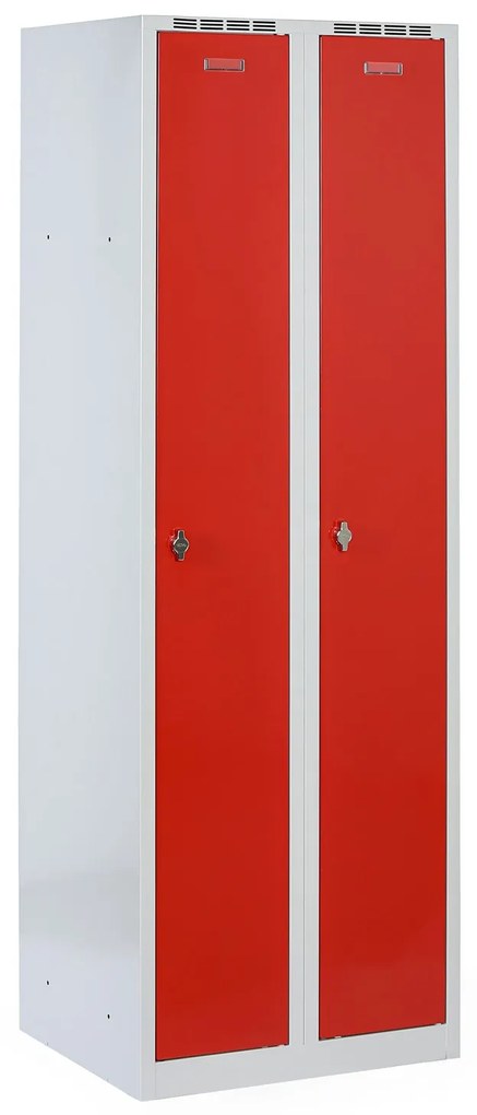 Metalowa szafka ubraniowa S8 na cokole, 2-drzwiowa, 1800 x 600 x 500 mm, zamek obrotowy, drzwi czerwone