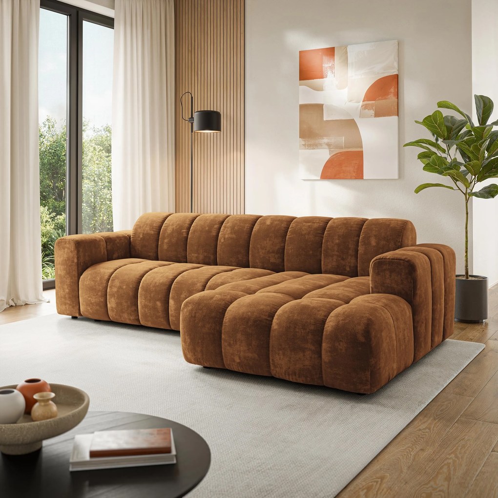 Masseno Narożnik SETIA Prawostronny, L-Kształtny, Nowoczesna Sofa narożna, Tkanina Szenilowa - Jasnobrązowy, LUMO 35