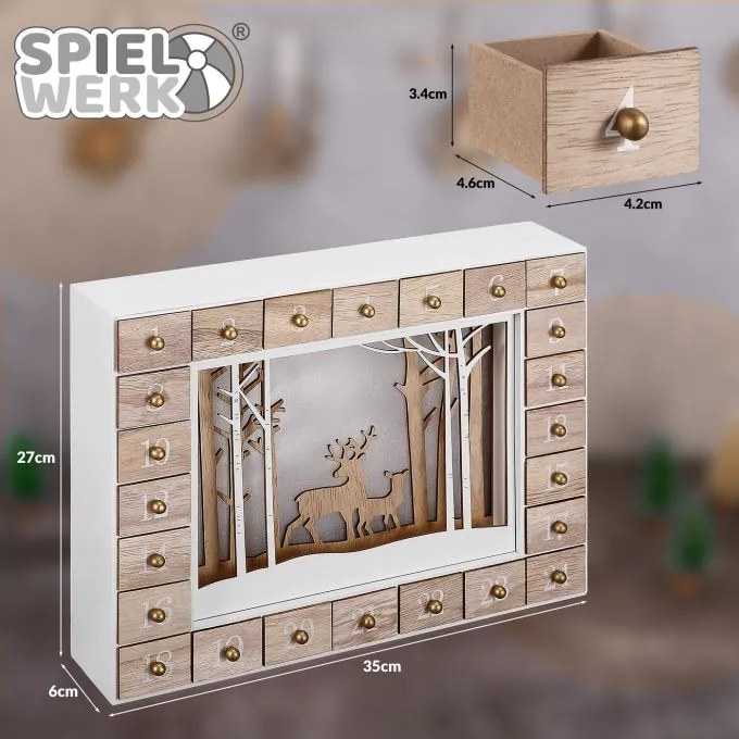 Spielwerk Drewniany kalendarz adwentowy ZIMOWY LAS z oświetleniem, 35x6x27cm, biała/brązowa