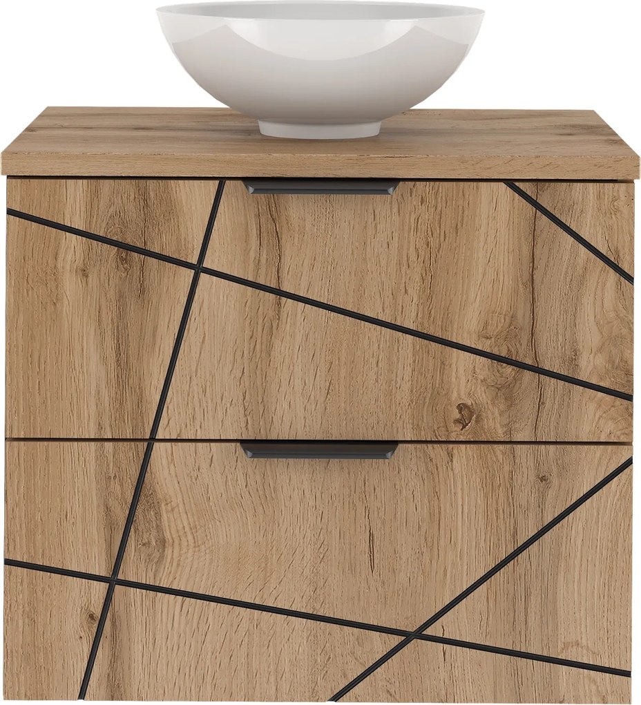 Szafka do łazienki z nablatową umywalką Wood 02, dąb wotan, 60 cm - zestaw 5