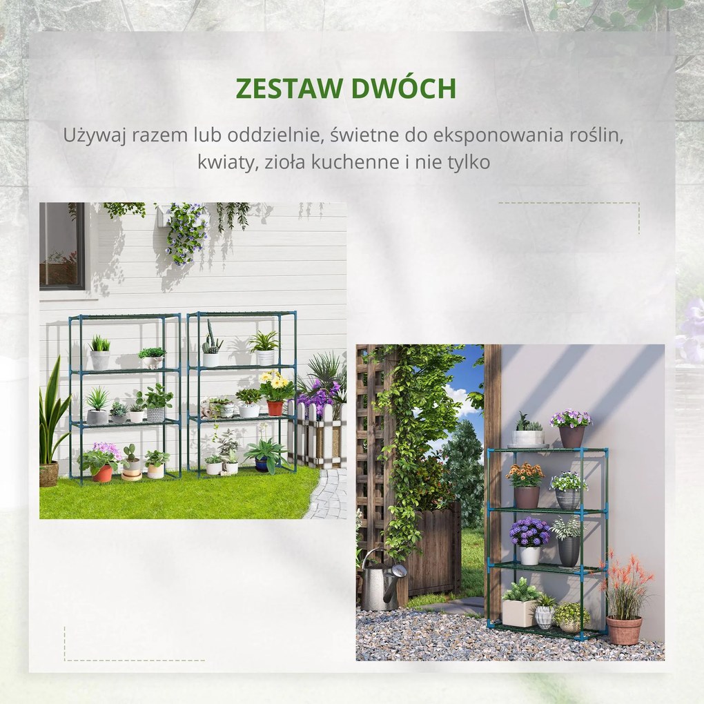 Outsunny Stojak na rośliny, zestaw 2 szt, po 4 półki, możliwość łączenia lub osobnego używania, stal, zielony, 70 x 27 x 110 cm