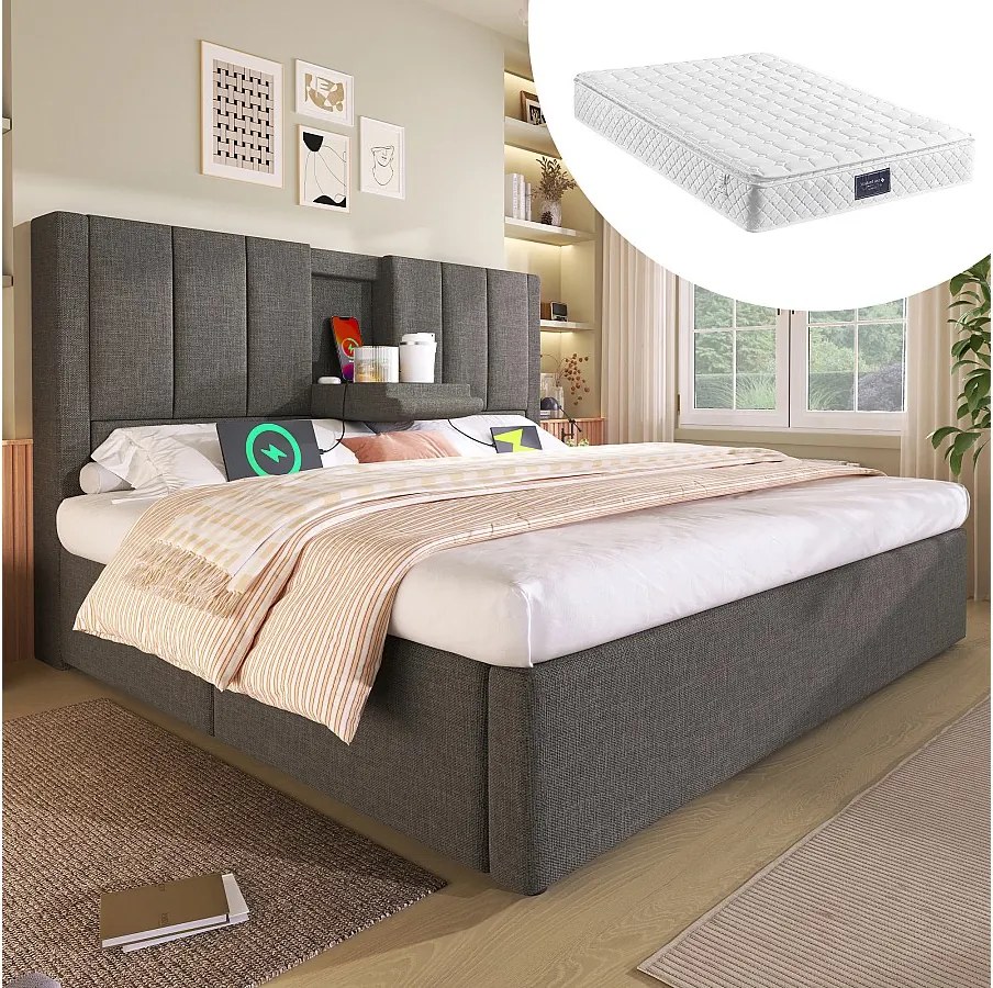 Łóżko tapicerowane dwuosobowe ze schowkiem - 140 x 200 cm - z ukrytym uchwytem na kubek i stacją ładującą - len - szare (z materacem)