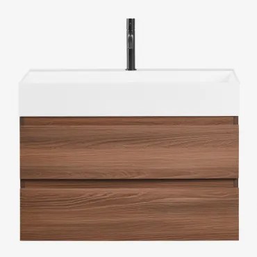 Zestaw Wiszących Mebli Łazienkowych Z Drewna I Forniru Jesionowego Zintegrowany Z Umywalką Ona Ciemna Czerń & - Sklum